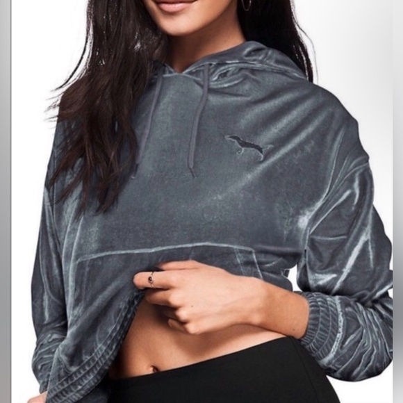 Victoria's Secret Tops - Victoria's Secret PINK Velvet Cropped Hoodie in Slate Gray